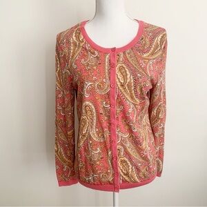 Talbots Petite Paisley Print Crew Neck Button Cardigan Size MP
